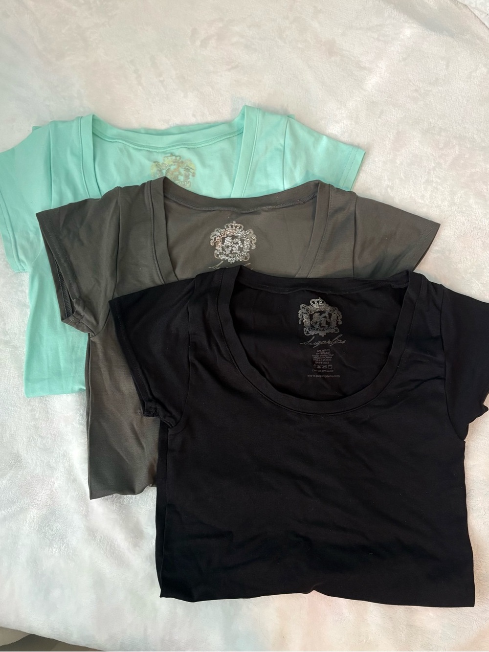 Three Sugarlips Short Sleeve Tops Gray + Black + Light Blue Adult Size